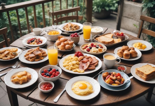 a table with many plates of food including breakfast breakfast and orange juice