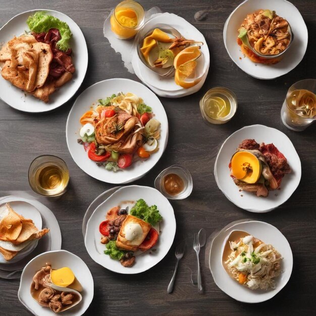 Photo a table with many plates of food including eggs bread and lemon