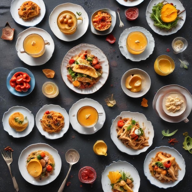 a table with many plates of food including food and a drink