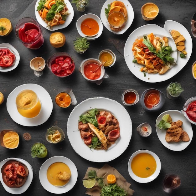 a table with many plates of food including food and drink