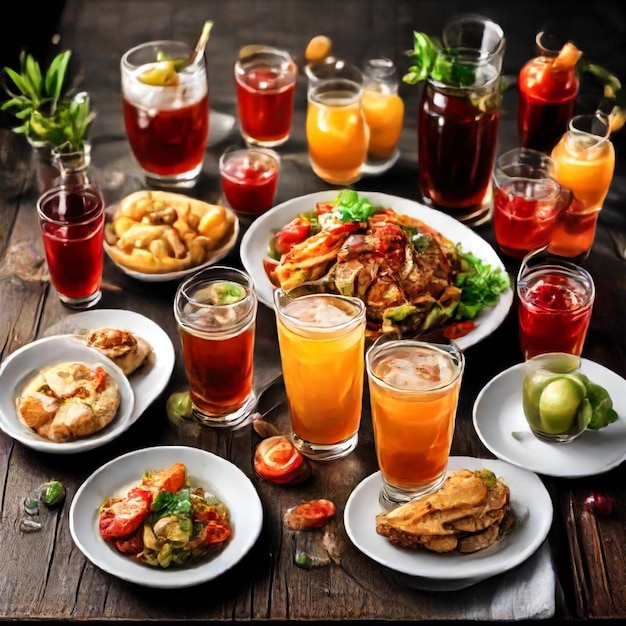 Photo a table with many plates of food including food drinks and drinks