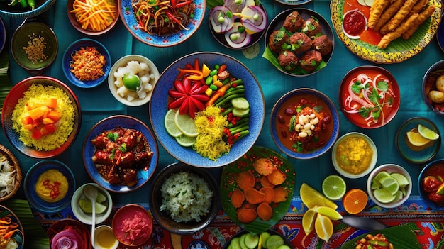 Photo a table with many plates of food including food and drinks