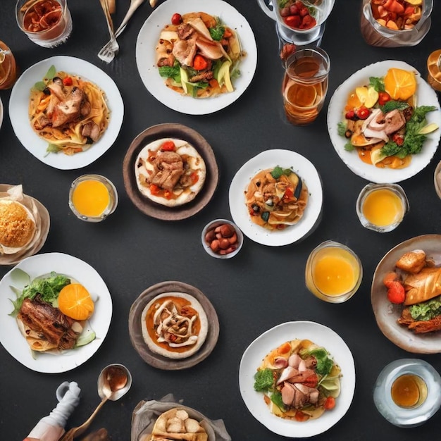 a table with many plates of food including food and drinks