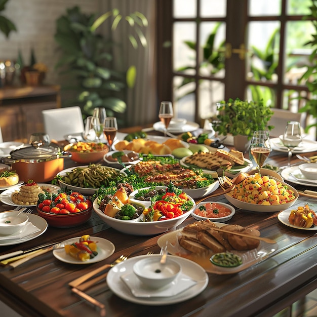 a table with many plates of food including food and drinks