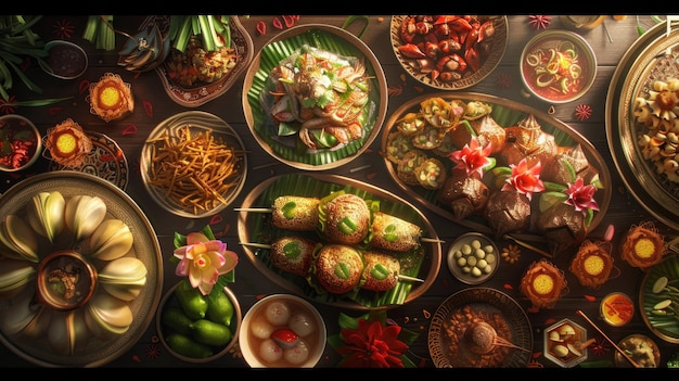 a table with many plates of food including food and a variety of food