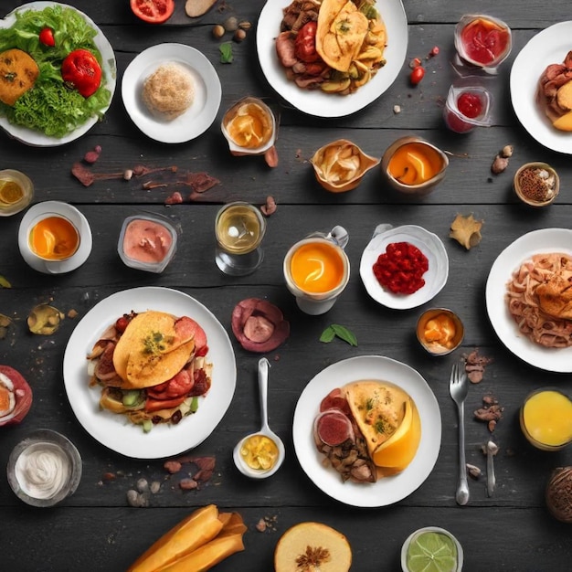 a table with many plates of food including fruit vegetables and fruit