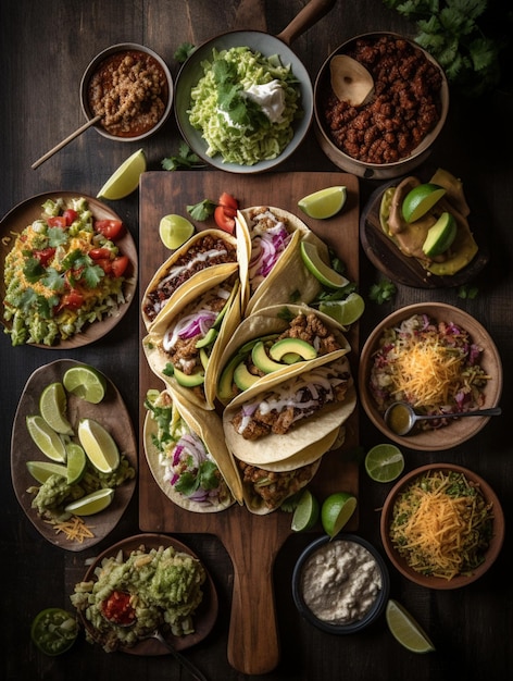 a table with many plates of food including guacamole guacamole and guacamole