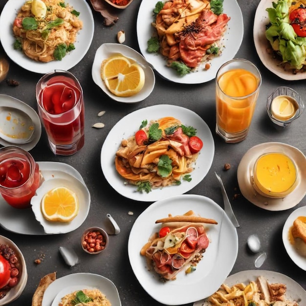 a table with many plates of food including macaroni cheese and orange juice