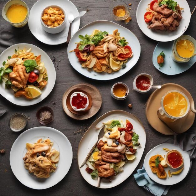 Photo a table with many plates of food including macaroni and cheese