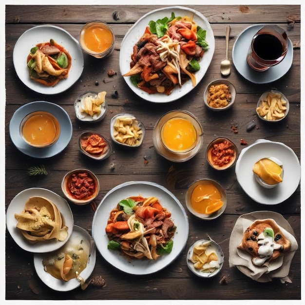 Photo a table with many plates of food including macaroni and cheese