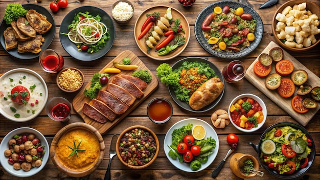 a table with many plates of food including meat vegetables and cheese