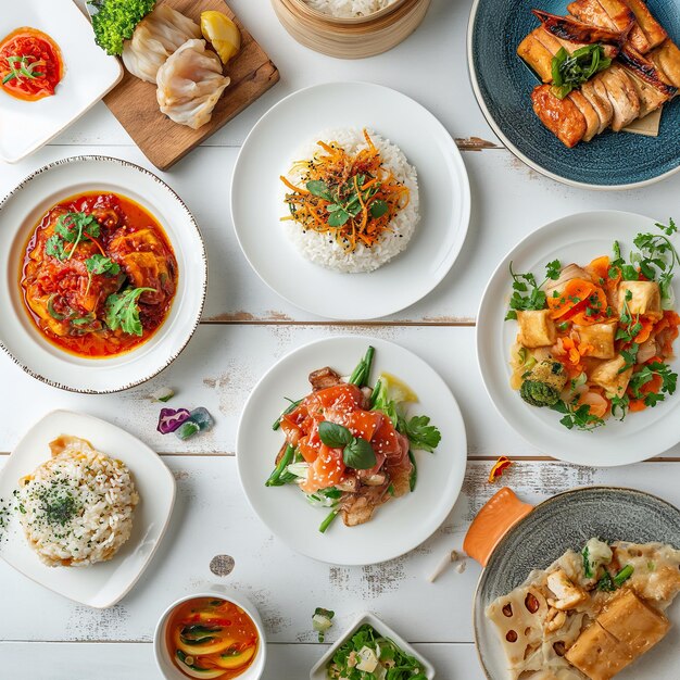 a table with many plates of food including rice rice and vegetables