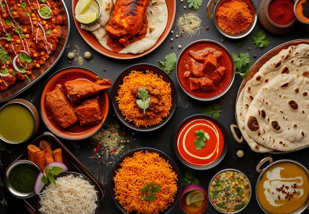 a table with many plates of food including rice rice and vegetables