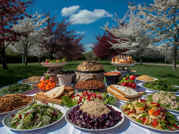 a table with many plates of food including rice vegetables and fruits