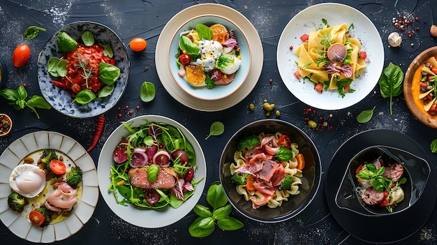 Photo a table with many plates of food including salad salad and salad