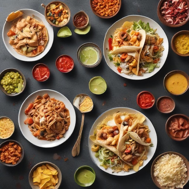 a table with many plates of food including tortillas salsa and other foods