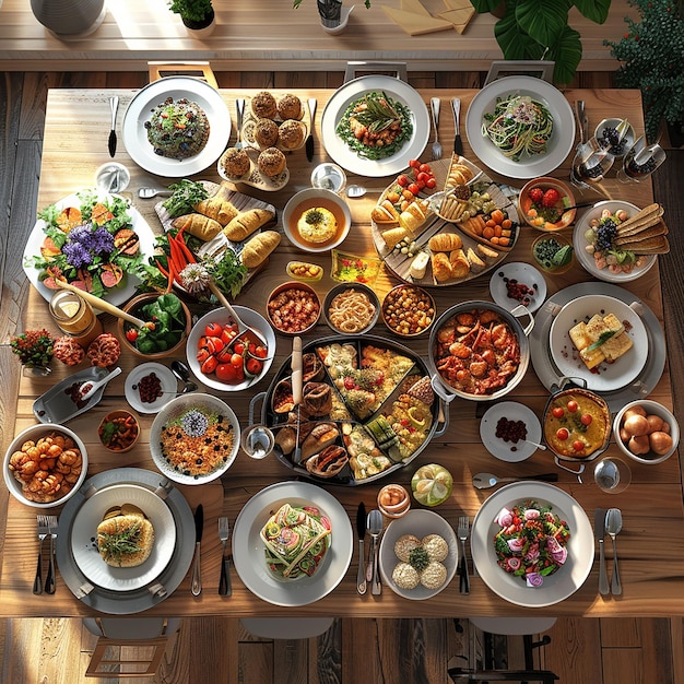 a table with many plates of food including a variety of food