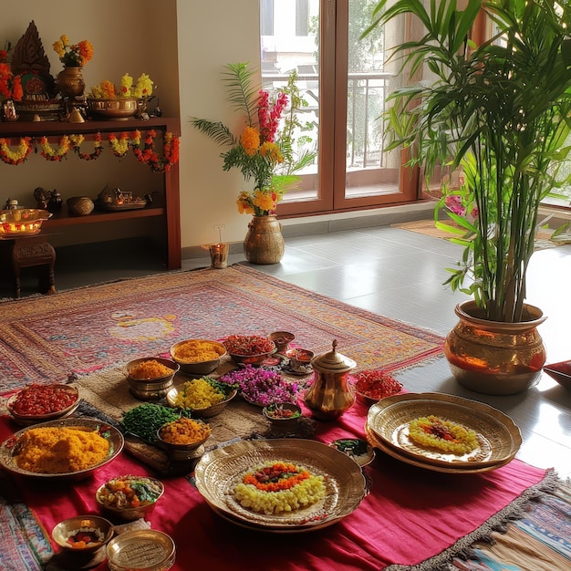 a table with many plates of food and a pot of flowers on it