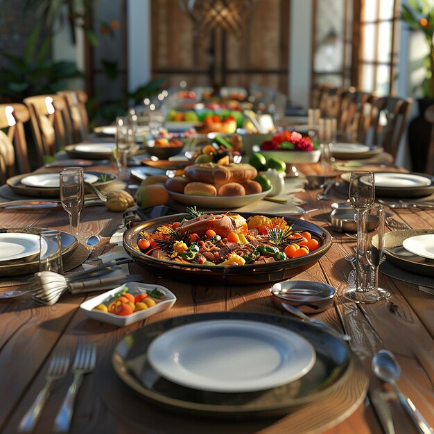 a table with many plates and glasses on it