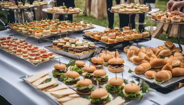 a table with many sandwiches including sandwiches and salads