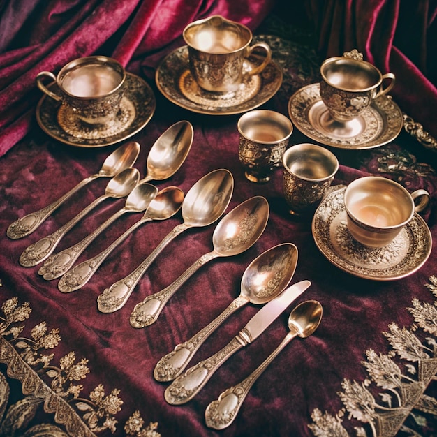 Photo a table with many silver spoons and spoons on it