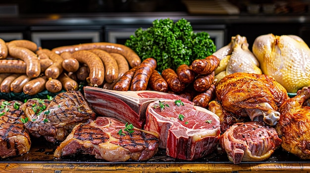 a table with meat meat and vegetables on it