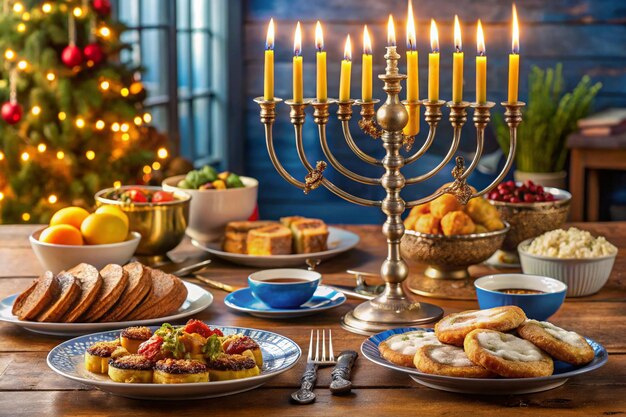 Photo a table with a menorah and a candle that says jewish holiday