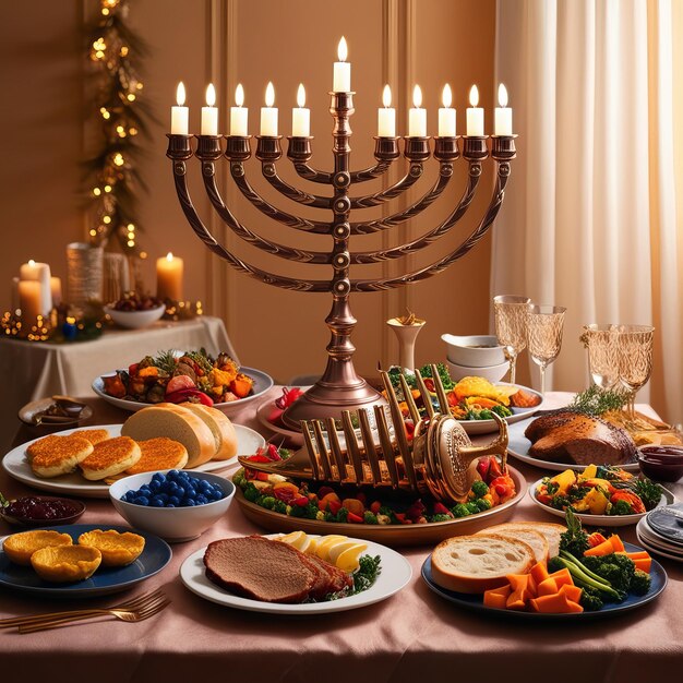 a table with a menorah and a menorah with a candle on it