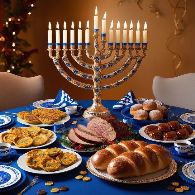 a table with a menorah and a table with a blue tablecloth with a christmas tree in the background