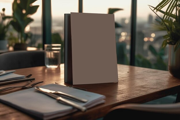 A table with a menu and a glass window overlooking the city