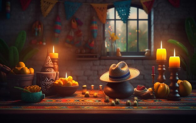 A table with a mexican hat and a candle with a mexican flag on it.