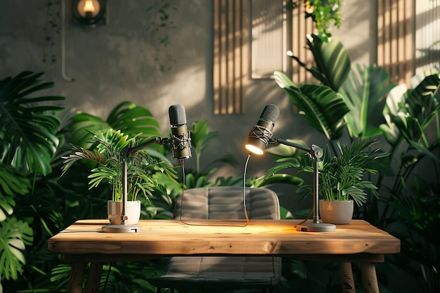 a table with microphones and a plant in the background