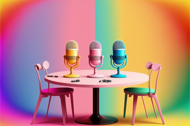 Table with microphones on rainbow background podcast concept AI