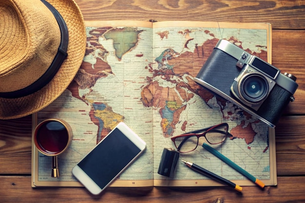 Table with open map showing plans for travelling and related items including camera passport smartphone sunglasses hat and journal