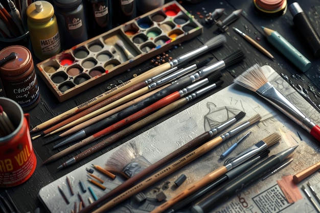 Photo a table with a painting on it and a bunch of paintbrushes and paint tubes