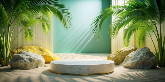 a table with palm trees and a round table with a round table with a white marble top