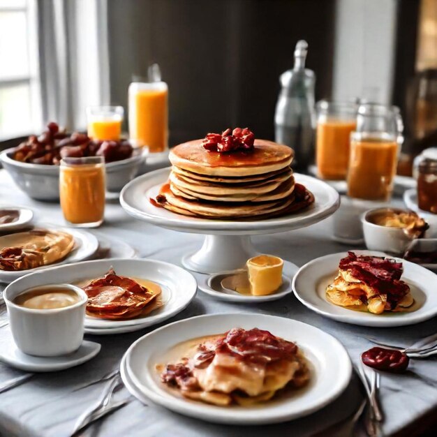 a table with pancakes pancakes and coffee on it