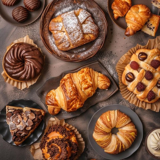 Photo a table with pastries and pastries including croissants and croissants