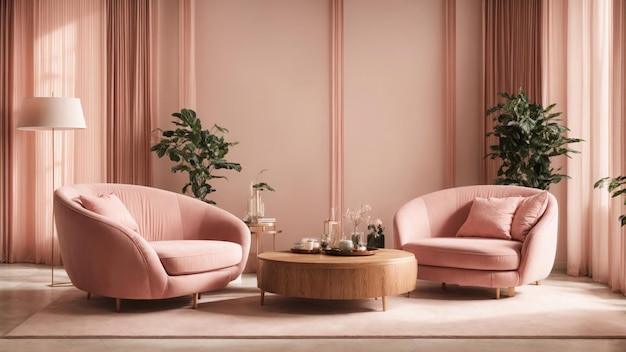 a table with a pink chair and a plant on it