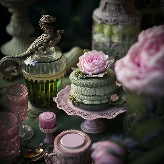 A table with a pink flower on it and a pink rose on top.