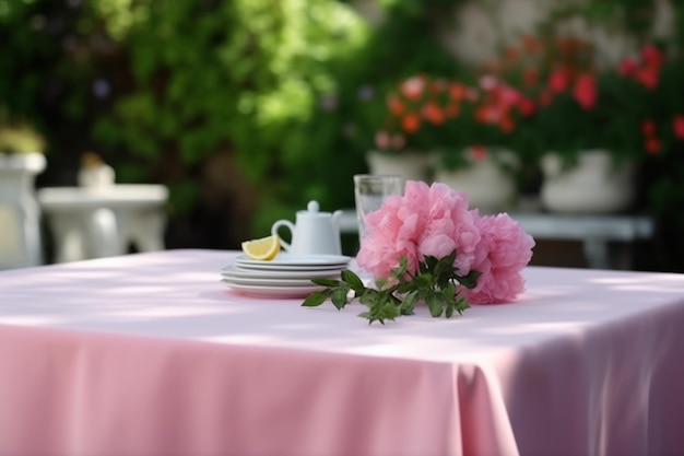 A table with a pink table cloth and a plate with pink flowers on it.