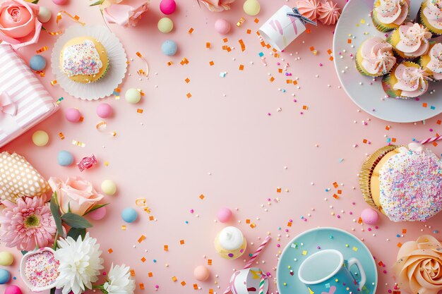 Photo a table with a pink tablecloth and a cake and cupcakes on it