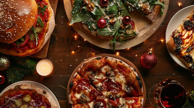 Photo a table with pizzas and a christmas tree on it