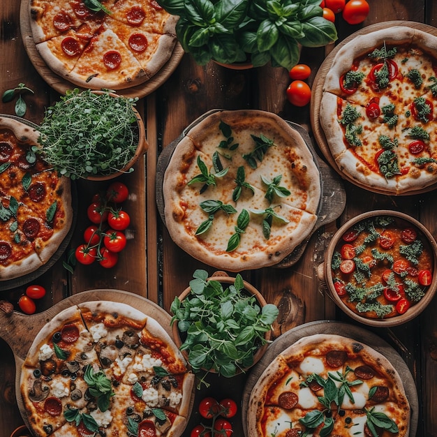 Photo a table with pizzas and several other pizzas on it