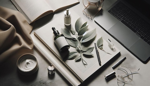 Photo a table with a plant and a bottle of perfume on it