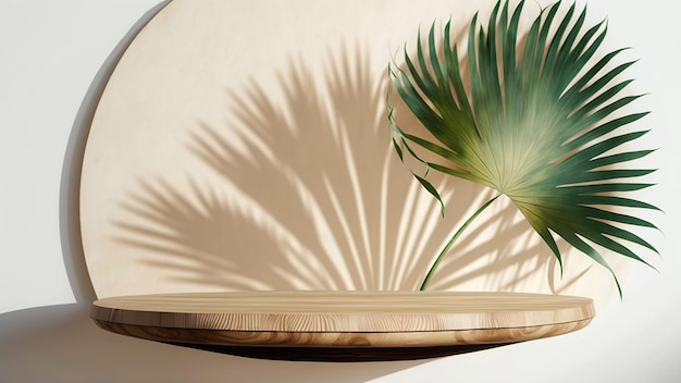 A table with a plant on it and a large leaf on the left