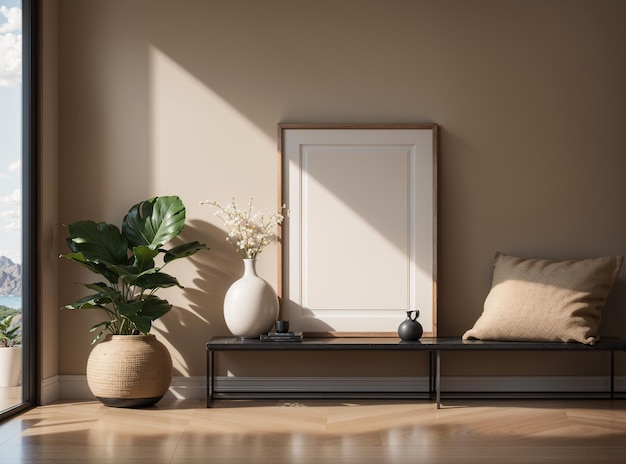 a table with a plant on it and a picture frame on it