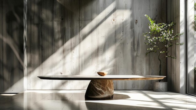 a table with a plant on it and a plant in the corner