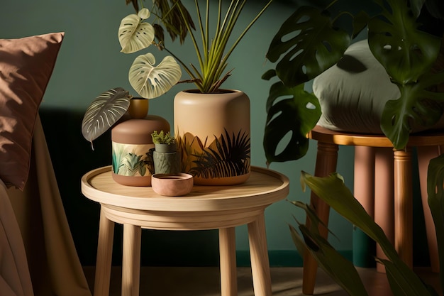 A table with a plant on it and a plant on it