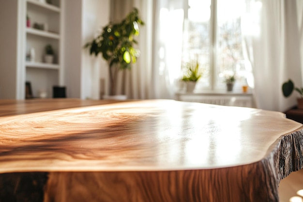 a table with a plant on it and a window behind it